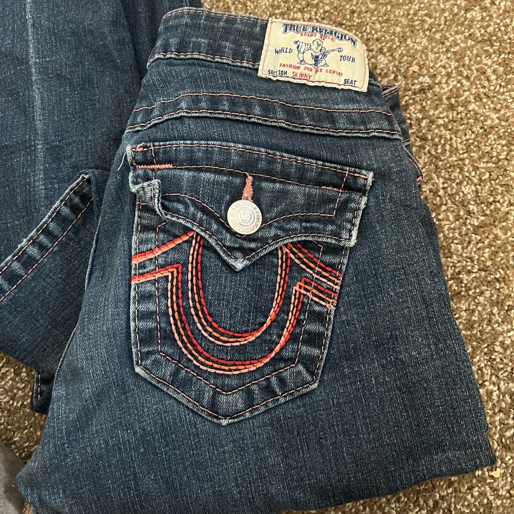 True Religion Women's Dark Blue Jeans with Red Stitching